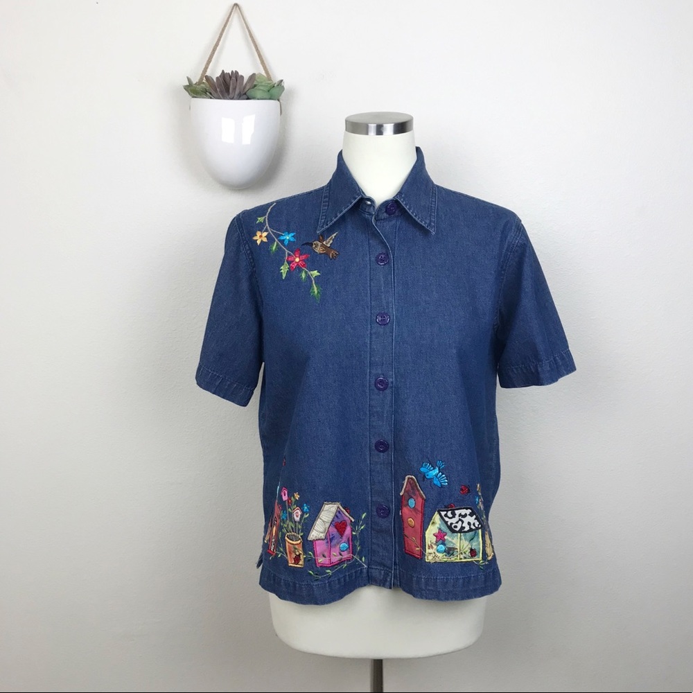 New Direction Jean Button Down Embroidered Blouse - image 1